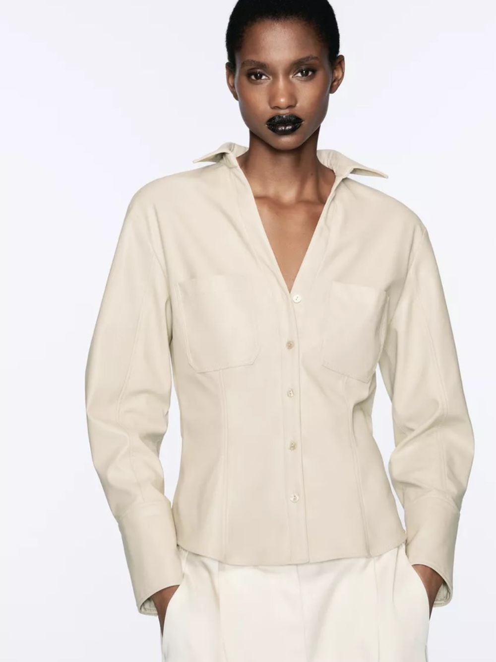 Zara Faux Leather warm blouse tan with button cuffs, v-neck, & front pockets Xs